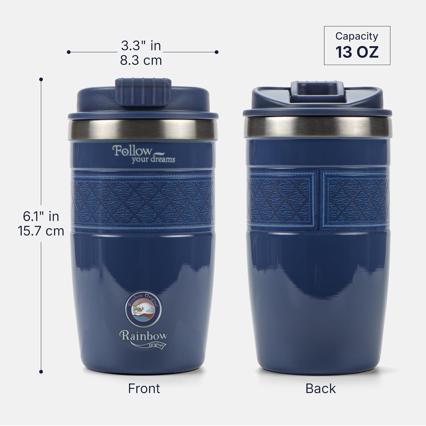 13 oz Travel Coffee Tumbler – 6H hot / 12H cold, Mig-White | 18/10 Stainless Steel, double wall vacuum insulation, keeps hot 6h & cold 12h, BPA free, ideal for office, camping, commutes