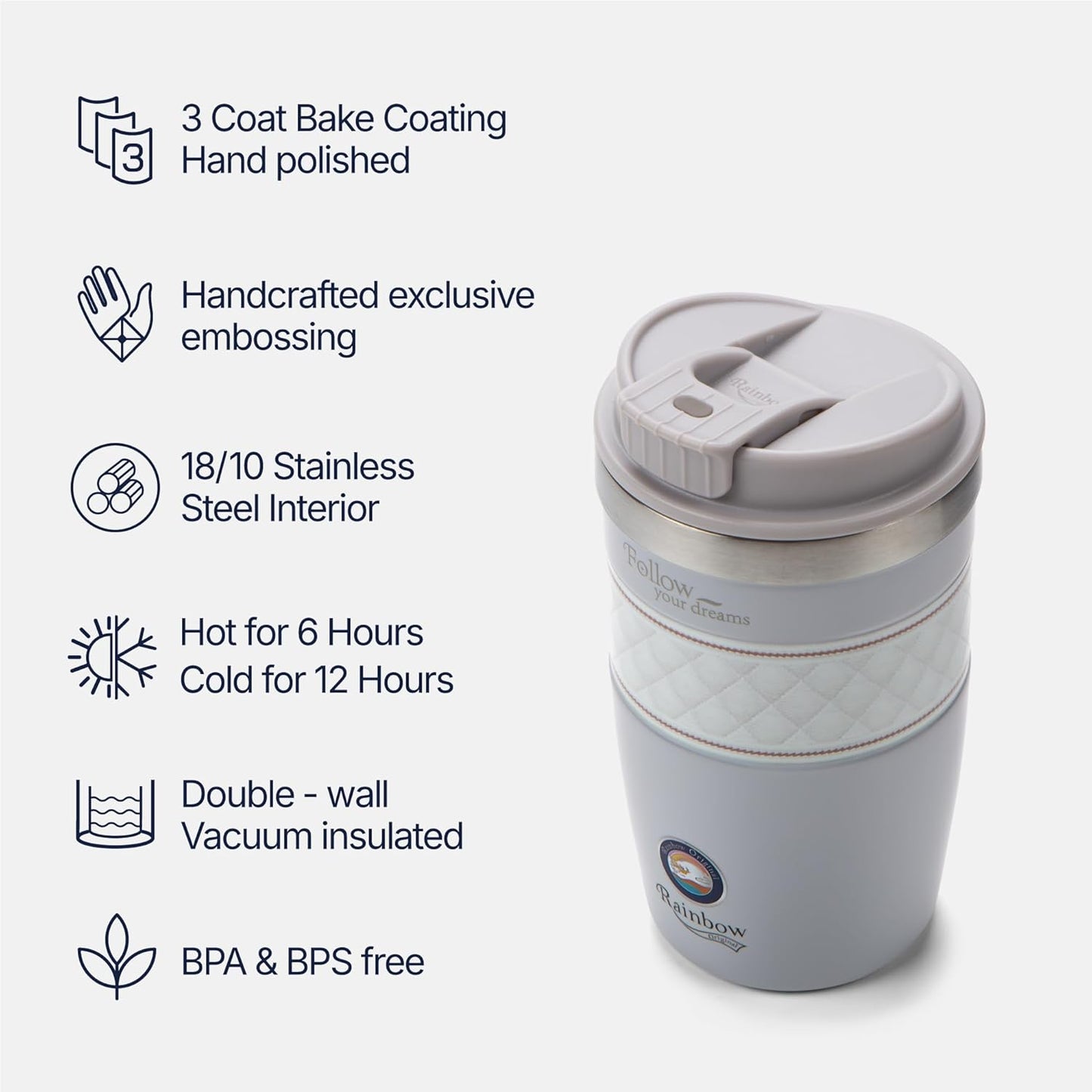 13 oz Travel Coffee Tumbler – 6H hot / 12H cold, Mig-White | 18/10 Stainless Steel, double wall vacuum insulation, keeps hot 6h & cold 12h, BPA free, ideal for office, camping, commutes
