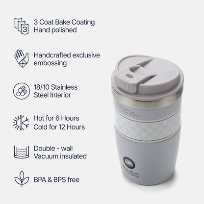 13 oz Travel Coffee Tumbler – 6H hot / 12H cold, Mig-White | 18/10 Stainless Steel, double wall vacuum insulation, keeps hot 6h & cold 12h, BPA free, ideal for office, camping, commutes