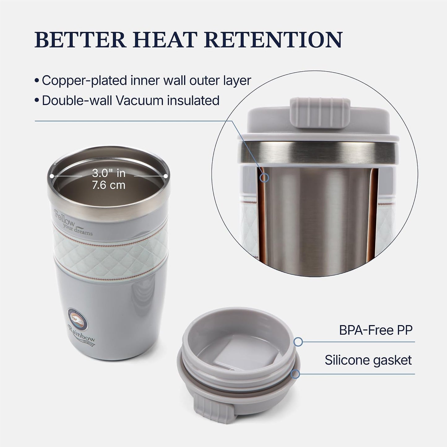 13 oz Travel Coffee Tumbler – 6H hot / 12H cold, Mig-White | 18/10 Stainless Steel, double wall vacuum insulation, keeps hot 6h & cold 12h, BPA free, ideal for office, camping, commutes