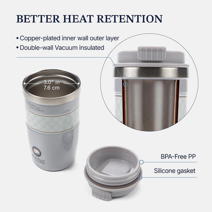 13 oz Travel Coffee Tumbler – 6H hot / 12H cold, Mig-White | 18/10 Stainless Steel, double wall vacuum insulation, keeps hot 6h & cold 12h, BPA free, ideal for office, camping, commutes