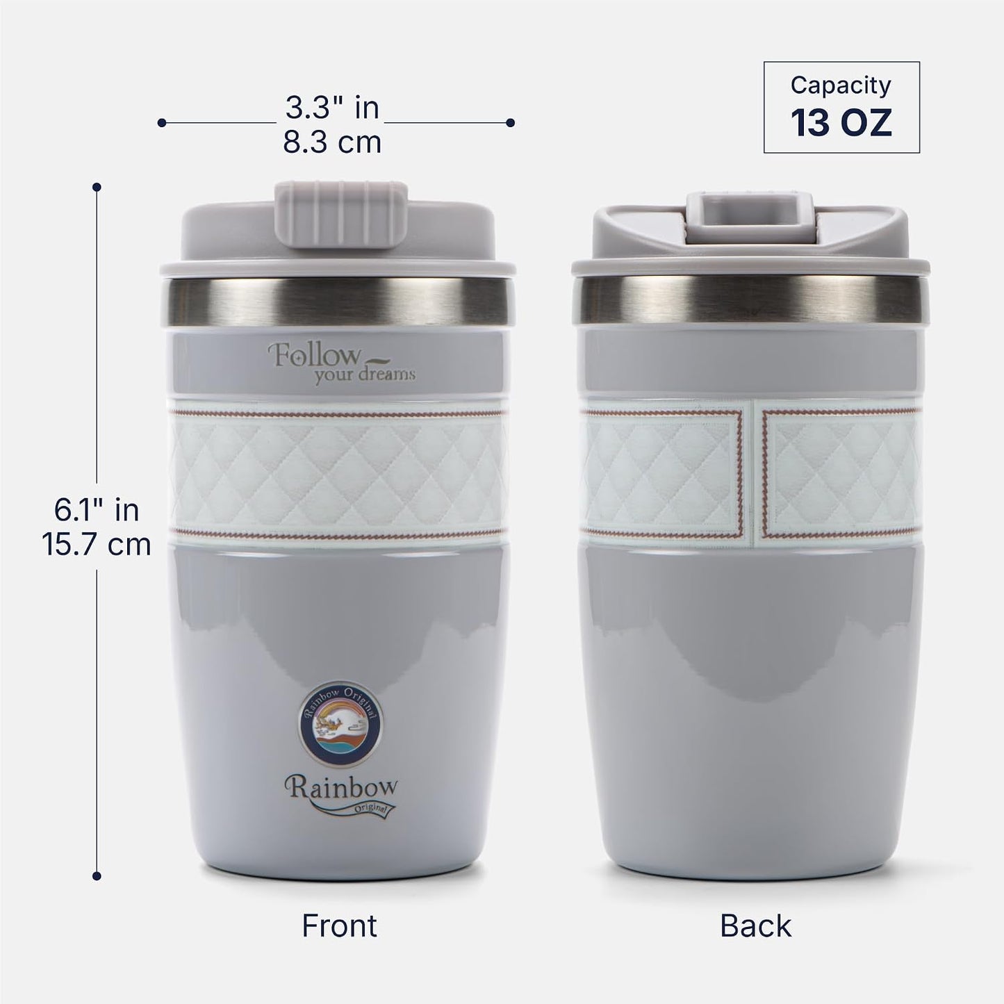 13 oz Travel Coffee Tumbler – 6H hot / 12H cold, Mig-White | 18/10 Stainless Steel, double wall vacuum insulation, keeps hot 6h & cold 12h, BPA free, ideal for office, camping, commutes