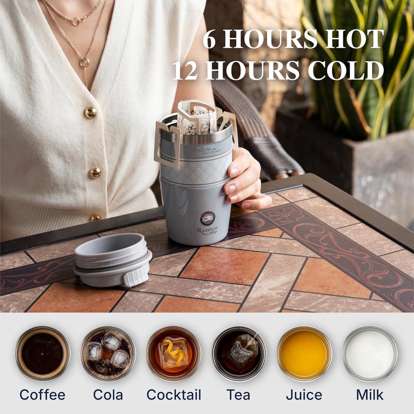 13 oz Travel Coffee Tumbler – 6H hot / 12H cold, Mig-White | 18/10 Stainless Steel, double wall vacuum insulation, keeps hot 6h & cold 12h, BPA free, ideal for office, camping, commutes