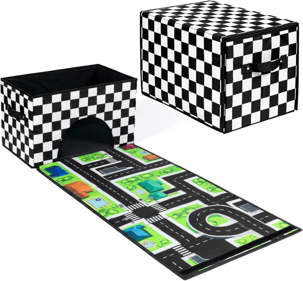 HFKPJRT Toy Car Storage Box with Play Mat, 2-in-1 Collapsible Car Organizer Garage with Racetrack, Large Toy Organizer Bin for Kids Boys Girls, Storage Container for Toys, Trucks, Vehicles
