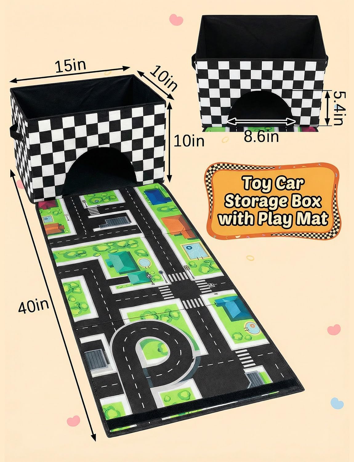 HFKPJRT Toy Car Storage Box with Play Mat, 2-in-1 Collapsible Car Organizer Garage with Racetrack, Large Toy Organizer Bin for Kids Boys Girls, Storage Container for Toys, Trucks, Vehicles