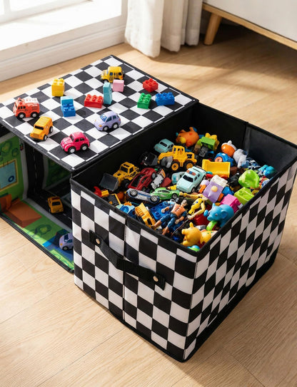 HFKPJRT Toy Car Storage Box with Play Mat, 2-in-1 Collapsible Car Organizer Garage with Racetrack, Large Toy Organizer Bin for Kids Boys Girls, Storage Container for Toys, Trucks, Vehicles