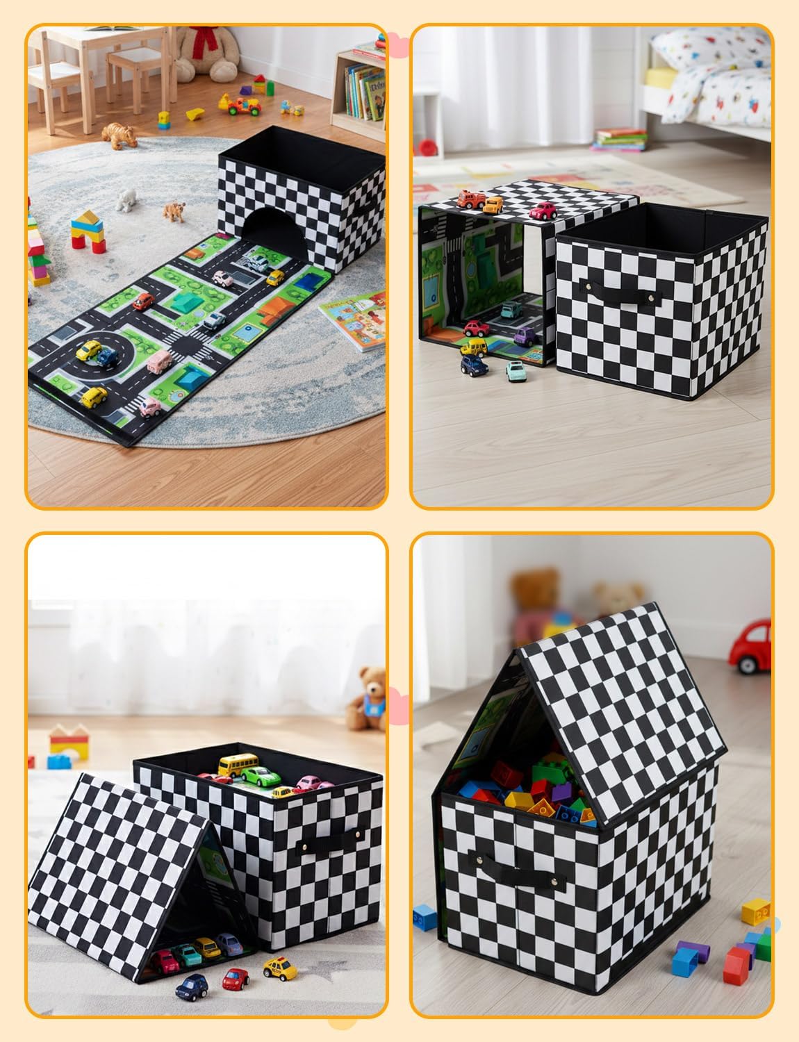 HFKPJRT Toy Car Storage Box with Play Mat, 2-in-1 Collapsible Car Organizer Garage with Racetrack, Large Toy Organizer Bin for Kids Boys Girls, Storage Container for Toys, Trucks, Vehicles