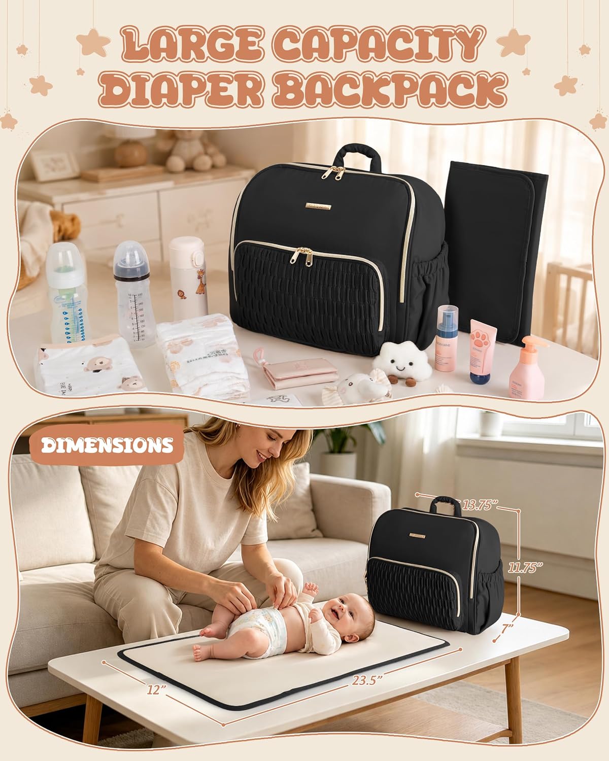 Diaper Bag Backpack with Changing Pad, Baby Diaper Bag, Camel
