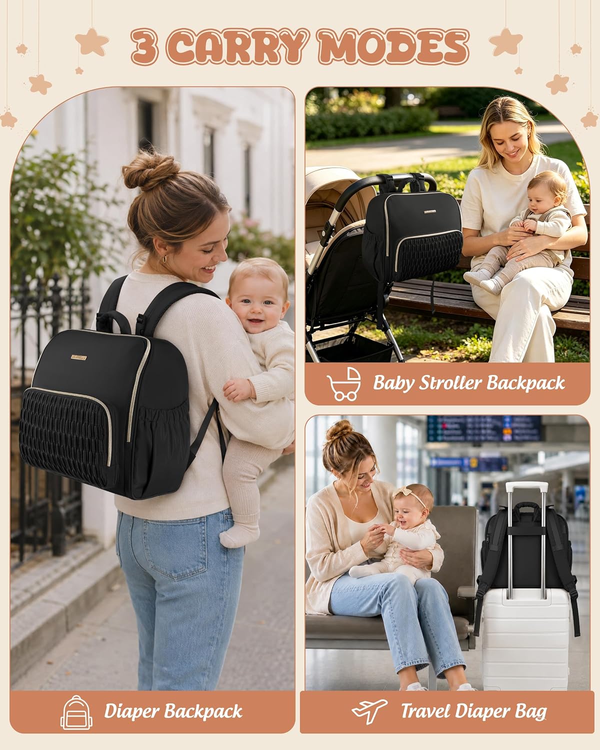 Diaper Bag Backpack with Changing Pad, Baby Diaper Bag, Camel