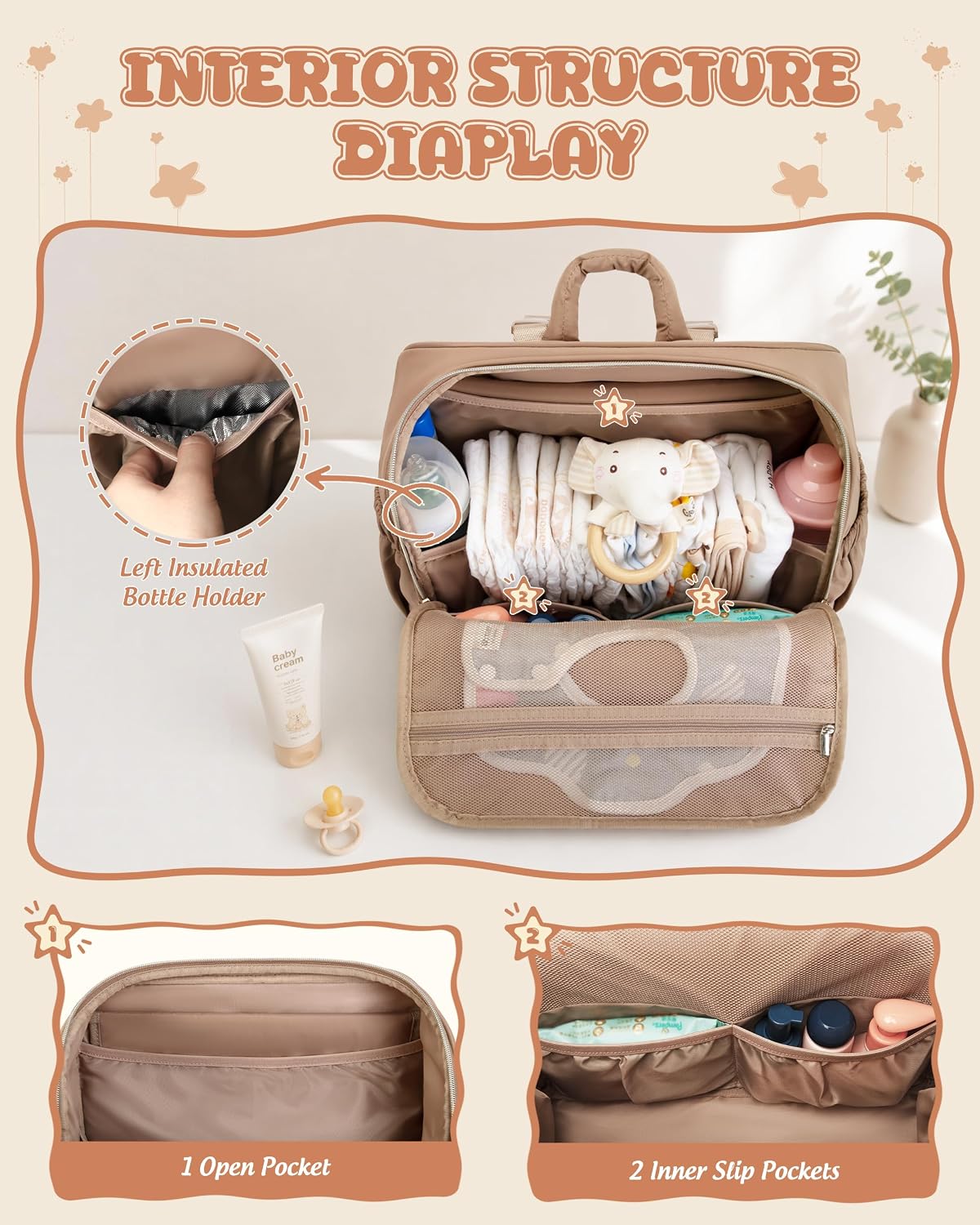 Diaper Bag Backpack with Changing Pad, Baby Diaper Bag, Camel