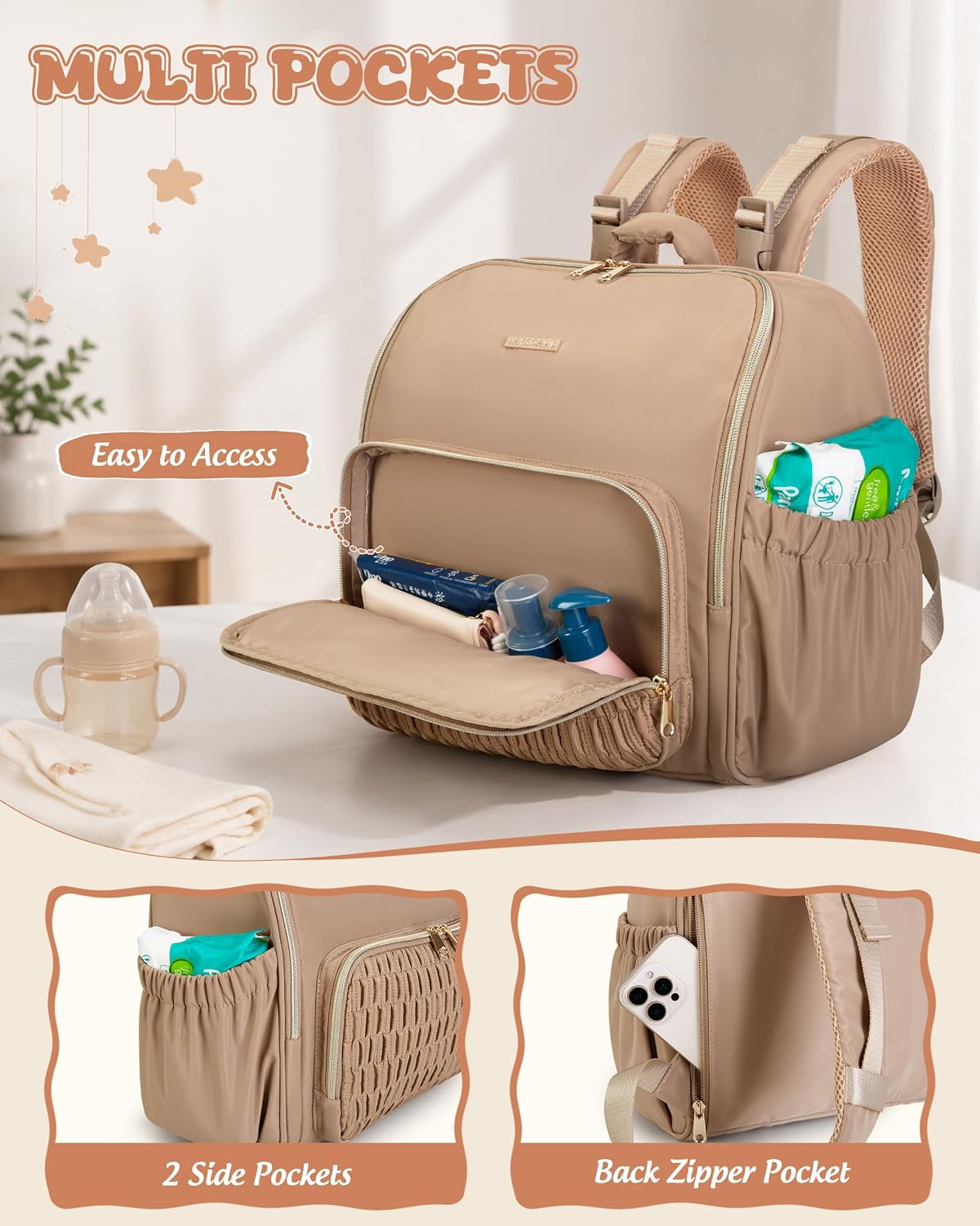 Diaper Bag Backpack with Changing Pad, Baby Diaper Bag, Camel