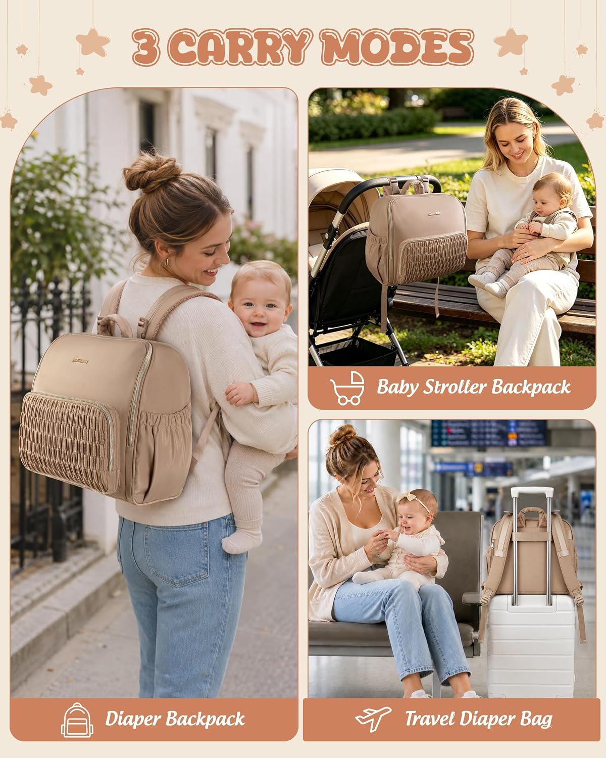 Diaper Bag Backpack with Changing Pad, Baby Diaper Bag, Camel