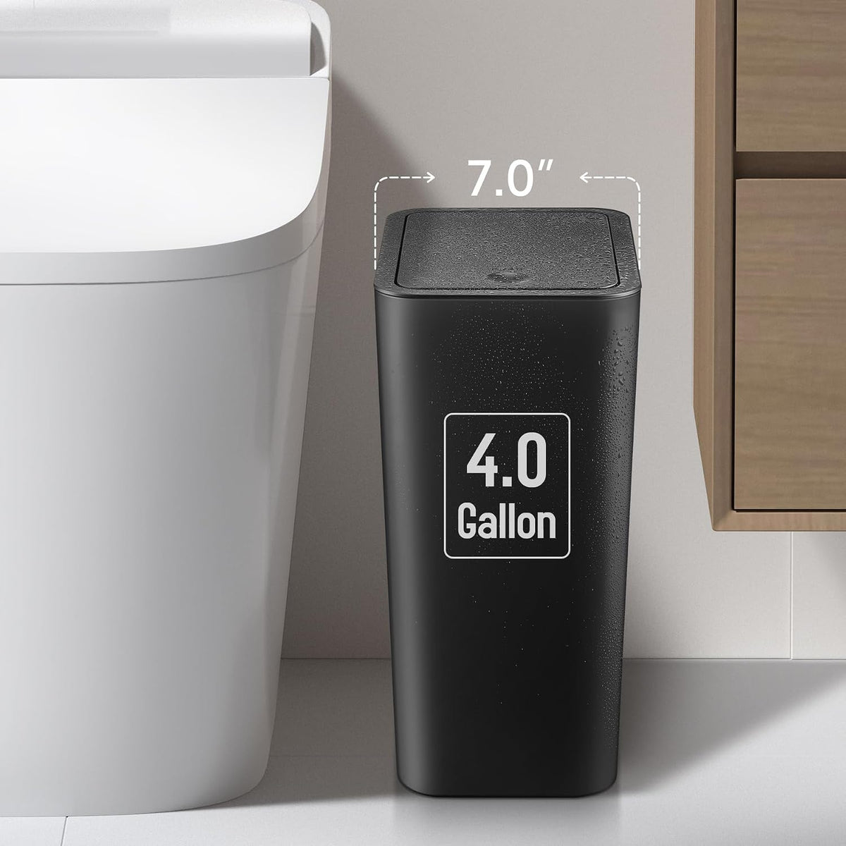 Bathroom Trash Can with Lid, 4 Gallon / 15 Liter Small Garbage Can, Press Top Bin, Plastic Wastebasket with Pop-Up Lid for Bedroom, Living Room, Office (Black)