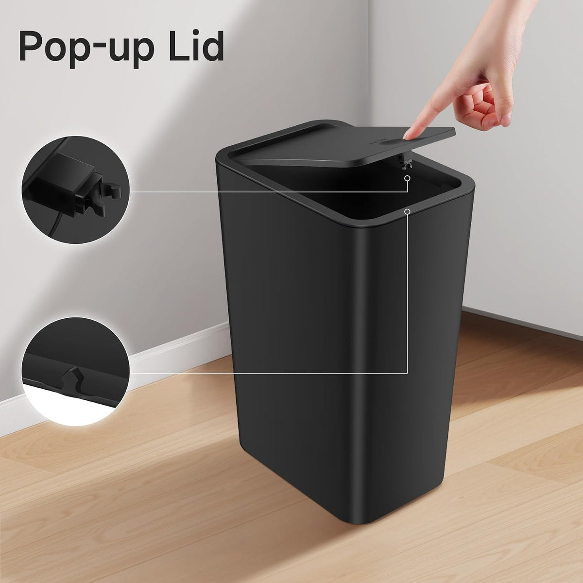 Bathroom Trash Can with Lid, 4 Gallon / 15 Liter Small Garbage Can, Press Top Bin, Plastic Wastebasket with Pop-Up Lid for Bedroom, Living Room, Office (Black)