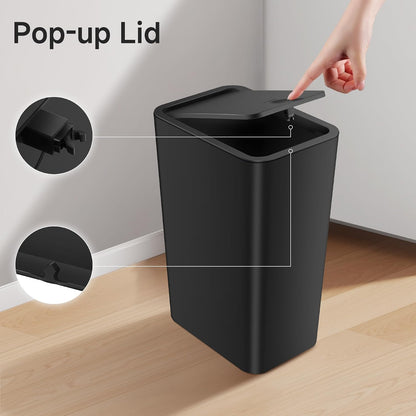 Bathroom Trash Can with Lid, 4 Gallon / 15 Liter Small Garbage Can, Press Top Bin, Plastic Wastebasket with Pop-Up Lid for Bedroom, Living Room, Office (Black)