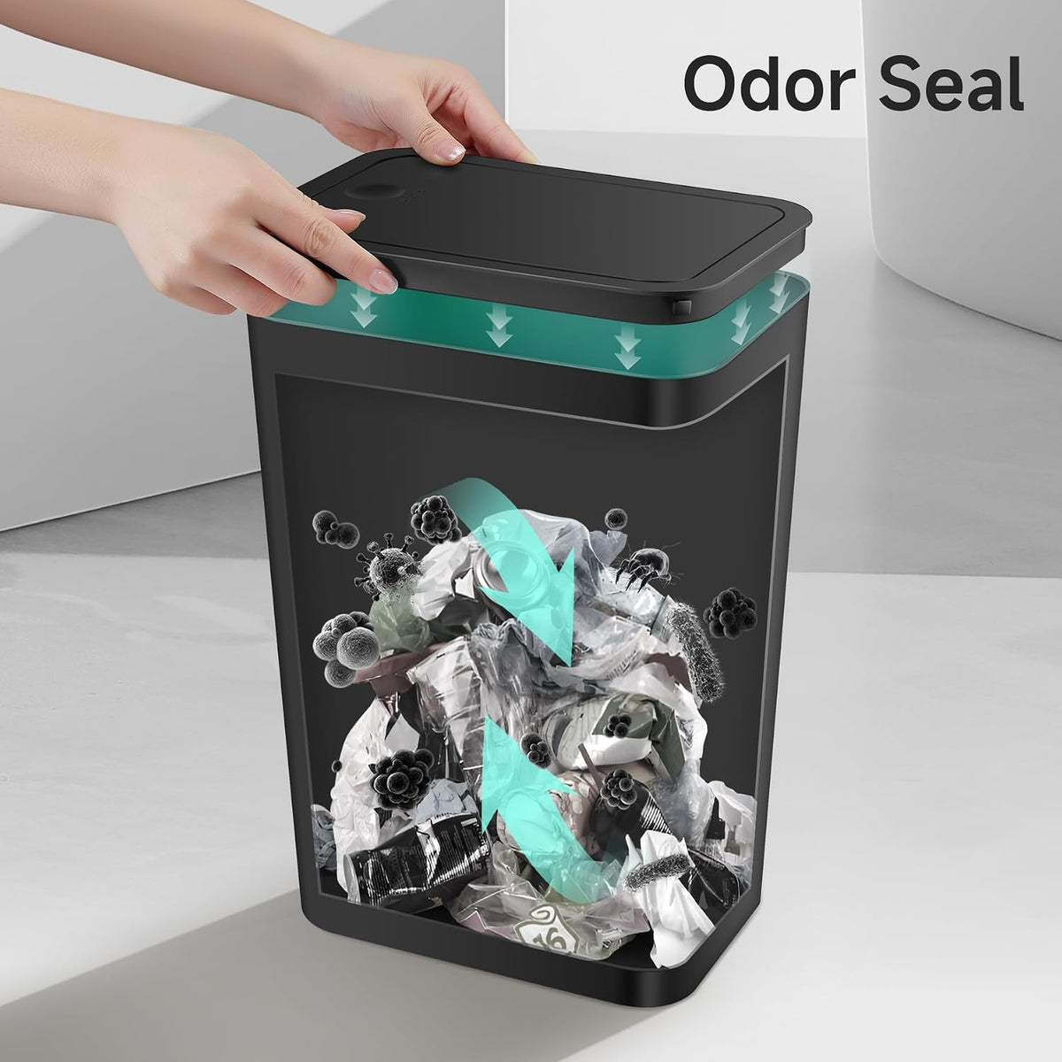 Bathroom Trash Can with Lid, 4 Gallon / 15 Liter Small Garbage Can, Press Top Bin, Plastic Wastebasket with Pop-Up Lid for Bedroom, Living Room, Office (Black)