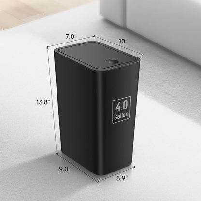 Bathroom Trash Can with Lid, 4 Gallon / 15 Liter Small Garbage Can, Press Top Bin, Plastic Wastebasket with Pop-Up Lid for Bedroom, Living Room, Office (Black)