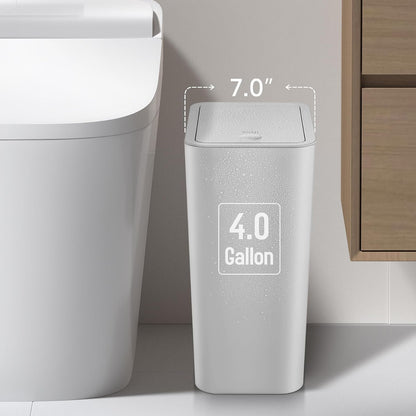 Bathroom Trash Can with Lid, 4 Gallon / 15 Liter Small Garbage Can, Press Top Bin, Plastic Wastebasket with Pop-Up Lid for Bedroom, Living Room, Office (Black)