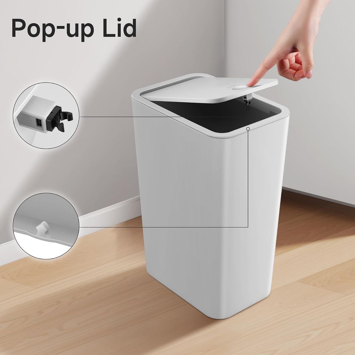Bathroom Trash Can with Lid, 4 Gallon / 15 Liter Small Garbage Can, Press Top Bin, Plastic Wastebasket with Pop-Up Lid for Bedroom, Living Room, Office (Black)