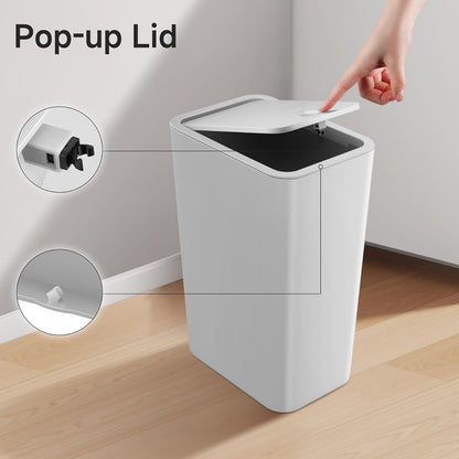 Bathroom Trash Can with Lid, 4 Gallon / 15 Liter Small Garbage Can, Press Top Bin, Plastic Wastebasket with Pop-Up Lid for Bedroom, Living Room, Office (Black)
