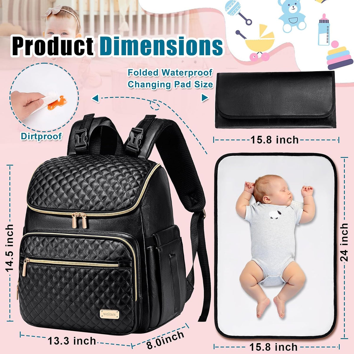 Diaper Bag Backpack Large Baby Diaper Bag with Changing Pad Travel Diaper Backpack,Baby Bag for Boys Girls,Stroller Straps,5 Insulated Pockets (Khaki)