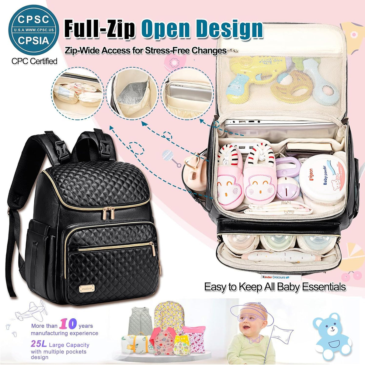 Diaper Bag Backpack Large Baby Diaper Bag with Changing Pad Travel Diaper Backpack,Baby Bag for Boys Girls,Stroller Straps,5 Insulated Pockets (Khaki)