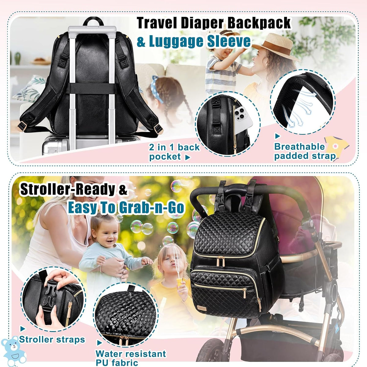 Diaper Bag Backpack Large Baby Diaper Bag with Changing Pad Travel Diaper Backpack,Baby Bag for Boys Girls,Stroller Straps,5 Insulated Pockets (Khaki)