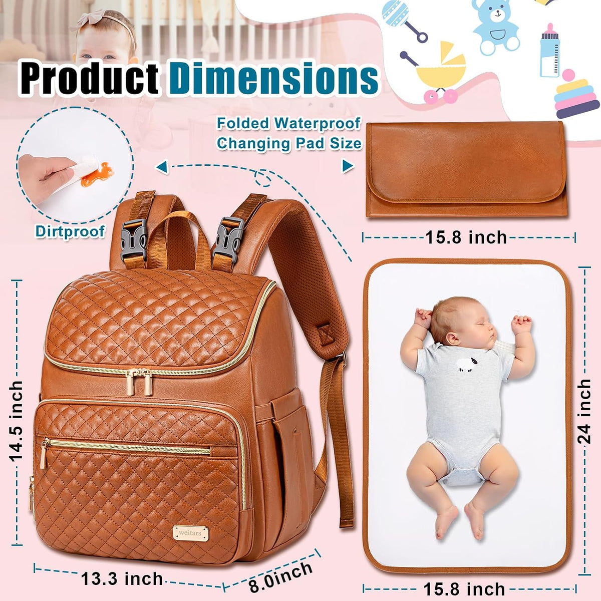 Diaper Bag Backpack Large Baby Diaper Bag with Changing Pad Travel Diaper Backpack,Baby Bag for Boys Girls,Stroller Straps,5 Insulated Pockets (Khaki)