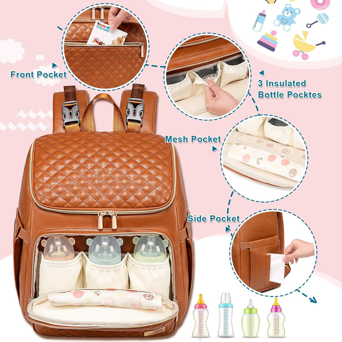 Diaper Bag Backpack Large Baby Diaper Bag with Changing Pad Travel Diaper Backpack,Baby Bag for Boys Girls,Stroller Straps,5 Insulated Pockets (Khaki)