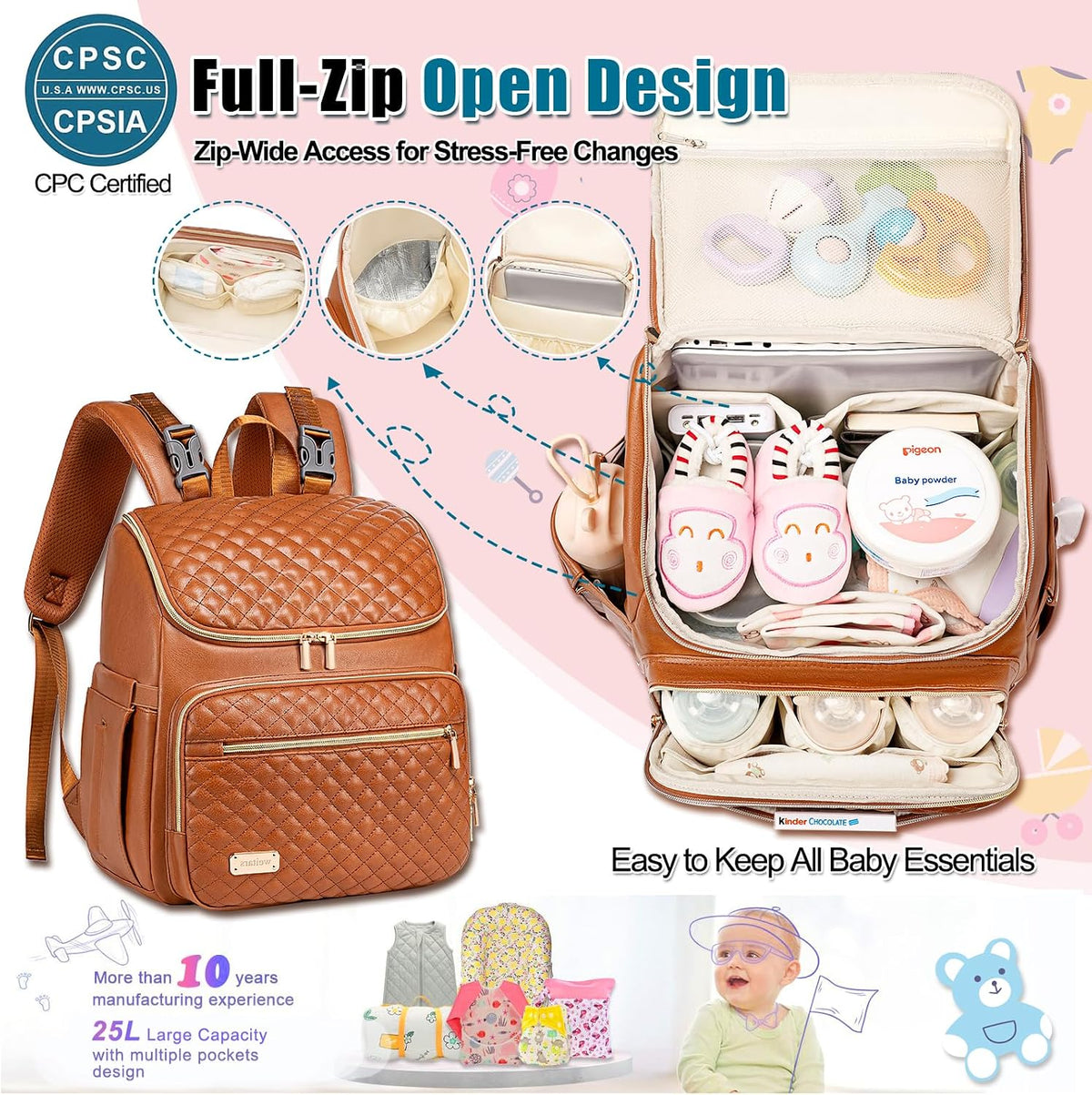 Diaper Bag Backpack Large Baby Diaper Bag with Changing Pad Travel Diaper Backpack,Baby Bag for Boys Girls,Stroller Straps,5 Insulated Pockets (Khaki)