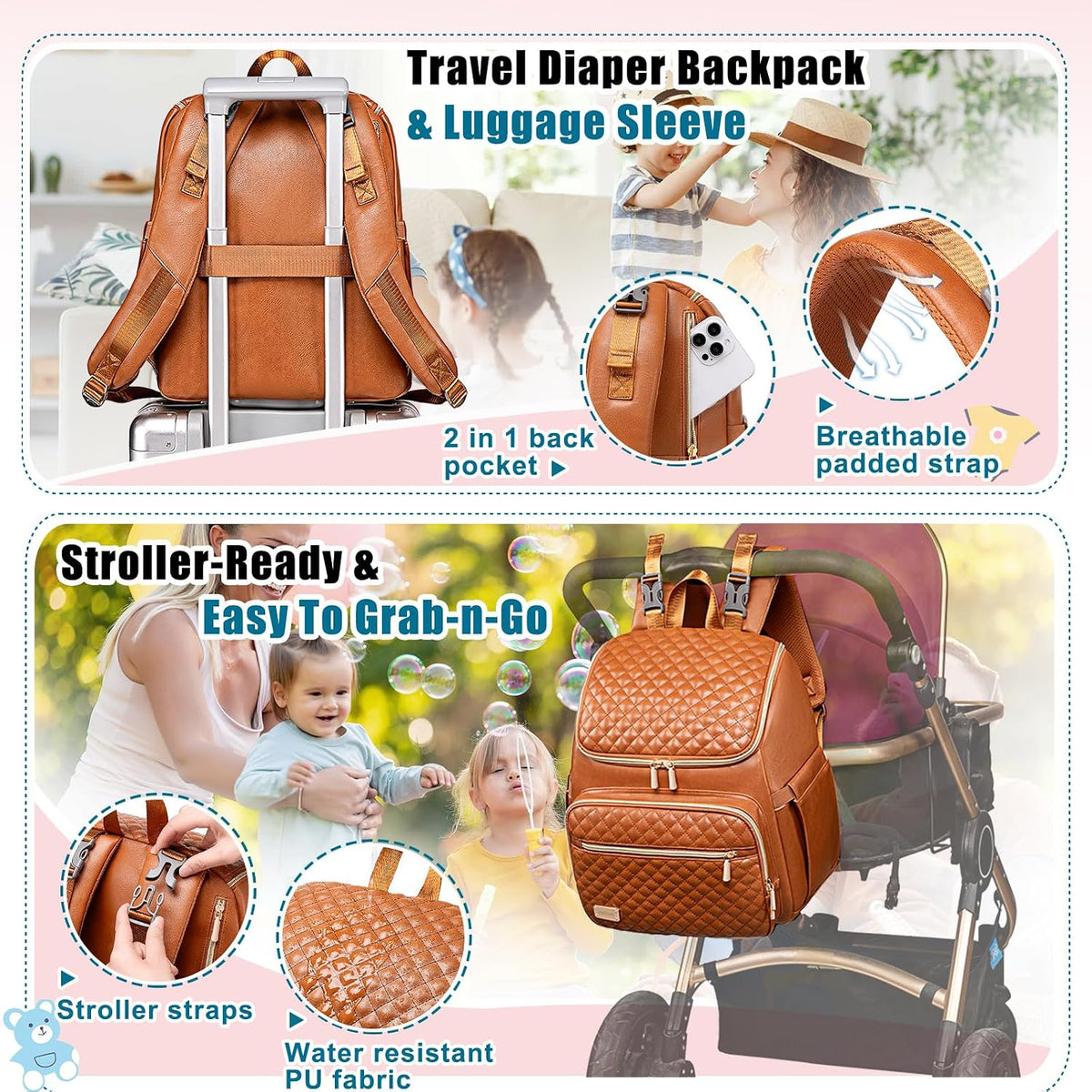 Diaper Bag Backpack Large Baby Diaper Bag with Changing Pad Travel Diaper Backpack,Baby Bag for Boys Girls,Stroller Straps,5 Insulated Pockets (Khaki)