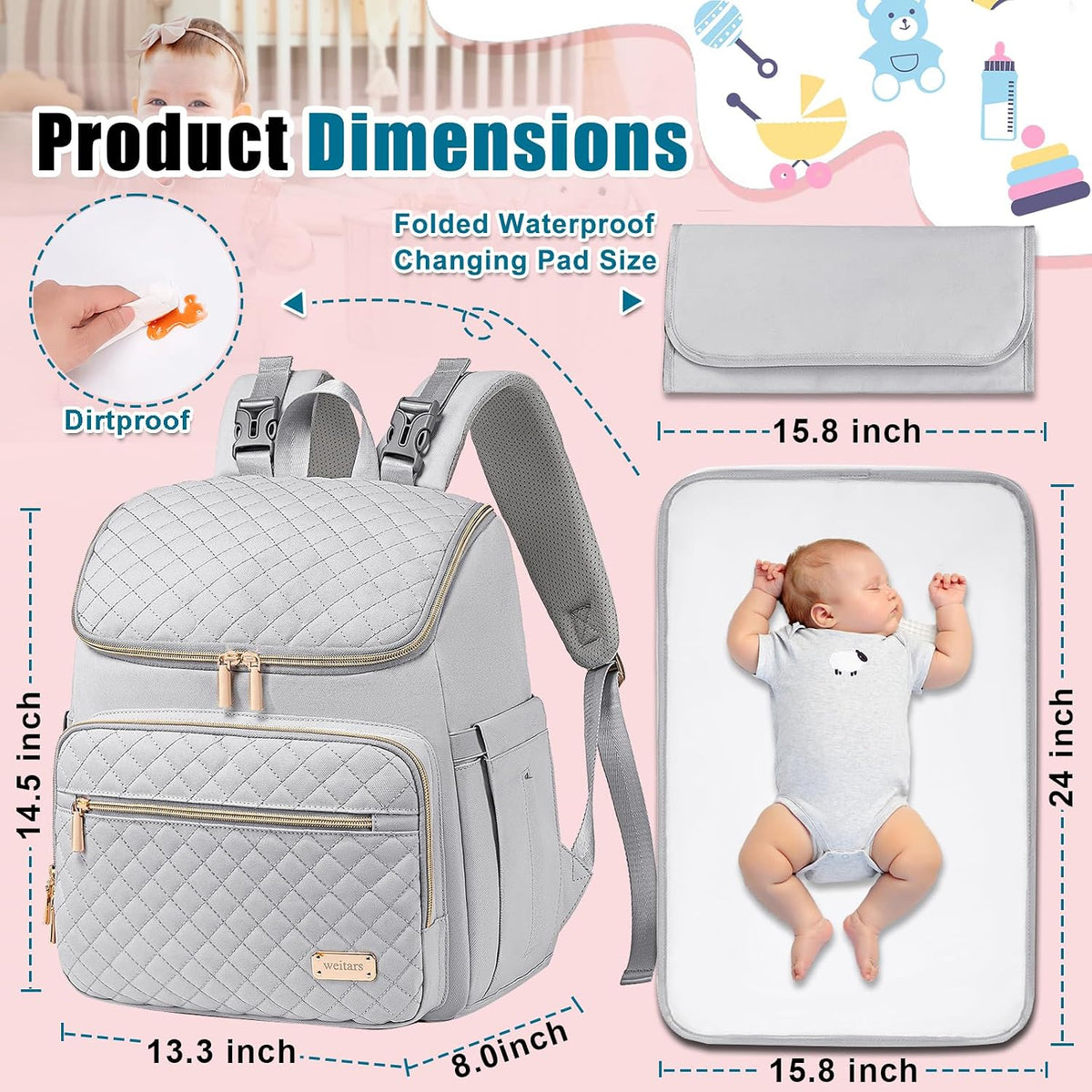 Diaper Bag Backpack Large Baby Diaper Bag with Changing Pad Travel Diaper Backpack,Baby Bag for Boys Girls,Stroller Straps,5 Insulated Pockets (Khaki)