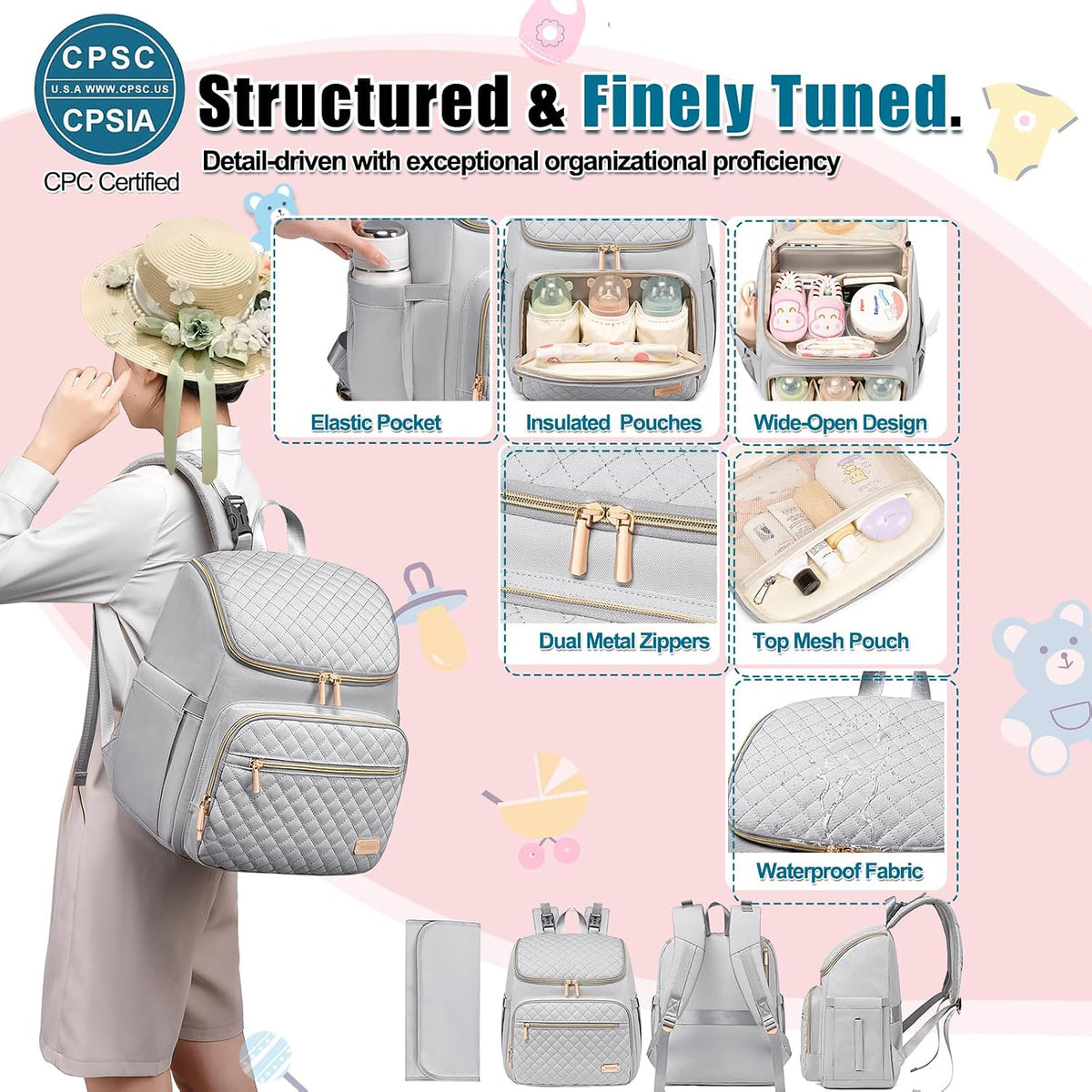 Diaper Bag Backpack Large Baby Diaper Bag with Changing Pad Travel Diaper Backpack,Baby Bag for Boys Girls,Stroller Straps,5 Insulated Pockets (Khaki)