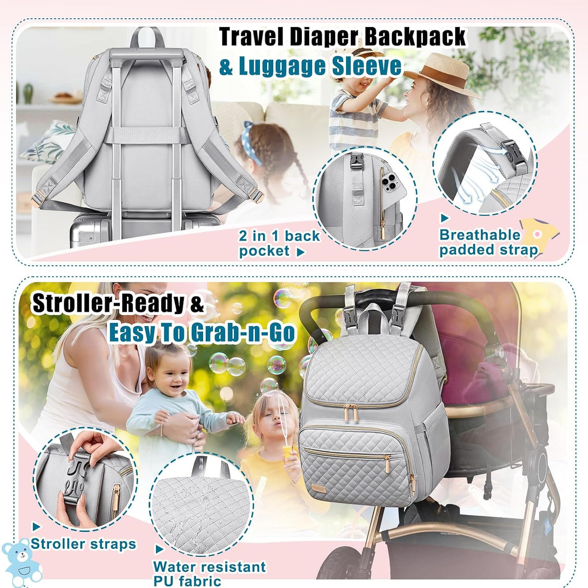 Diaper Bag Backpack Large Baby Diaper Bag with Changing Pad Travel Diaper Backpack,Baby Bag for Boys Girls,Stroller Straps,5 Insulated Pockets (Khaki)