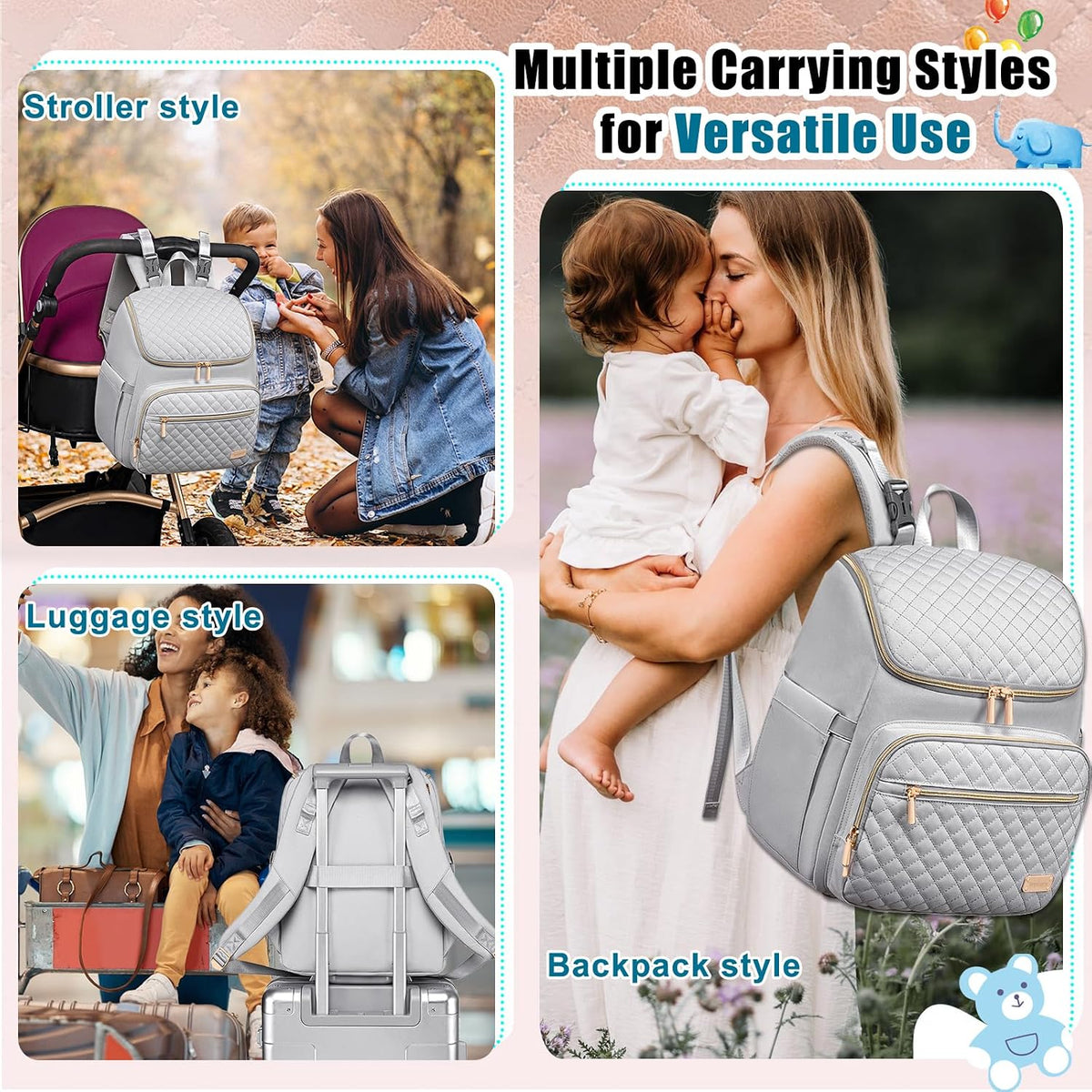 Diaper Bag Backpack Large Baby Diaper Bag with Changing Pad Travel Diaper Backpack,Baby Bag for Boys Girls,Stroller Straps,5 Insulated Pockets (Khaki)