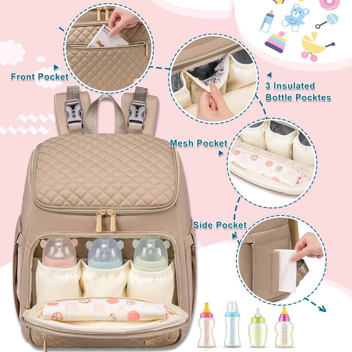 Diaper Bag Backpack Large Baby Diaper Bag with Changing Pad Travel Diaper Backpack,Baby Bag for Boys Girls,Stroller Straps,5 Insulated Pockets (Khaki)