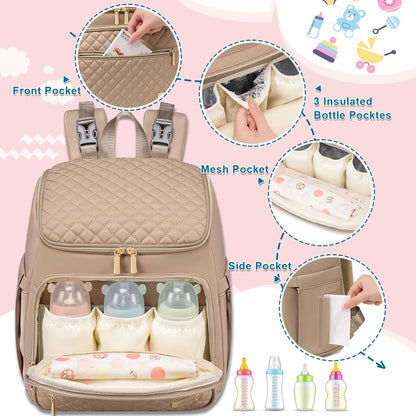 Diaper Bag Backpack Large Baby Diaper Bag with Changing Pad Travel Diaper Backpack,Baby Bag for Boys Girls,Stroller Straps,5 Insulated Pockets (Khaki)