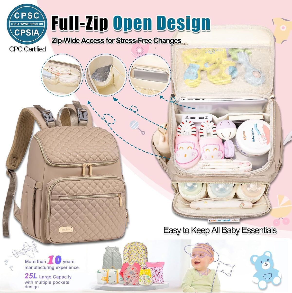 Diaper Bag Backpack Large Baby Diaper Bag with Changing Pad Travel Diaper Backpack,Baby Bag for Boys Girls,Stroller Straps,5 Insulated Pockets (Khaki)