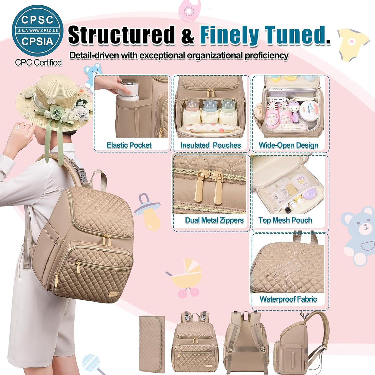 Diaper Bag Backpack Large Baby Diaper Bag with Changing Pad Travel Diaper Backpack,Baby Bag for Boys Girls,Stroller Straps,5 Insulated Pockets (Khaki)