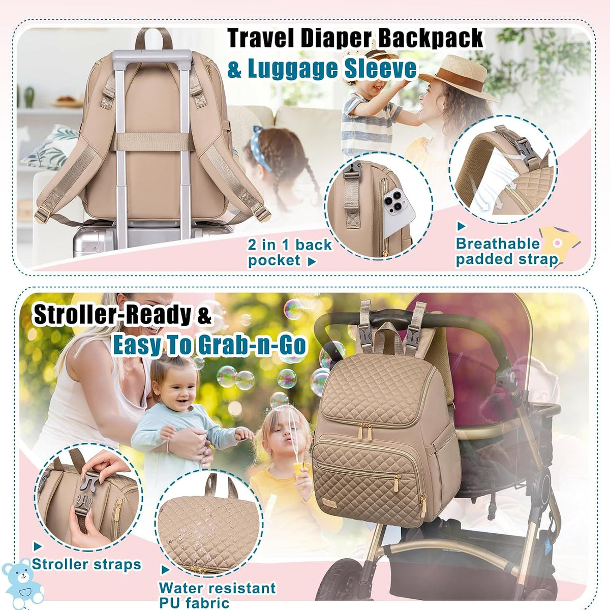 Diaper Bag Backpack Large Baby Diaper Bag with Changing Pad Travel Diaper Backpack,Baby Bag for Boys Girls,Stroller Straps,5 Insulated Pockets (Khaki)