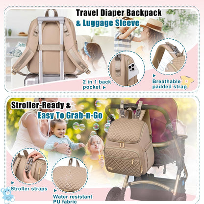 Diaper Bag Backpack Large Baby Diaper Bag with Changing Pad Travel Diaper Backpack,Baby Bag for Boys Girls,Stroller Straps,5 Insulated Pockets (Khaki)
