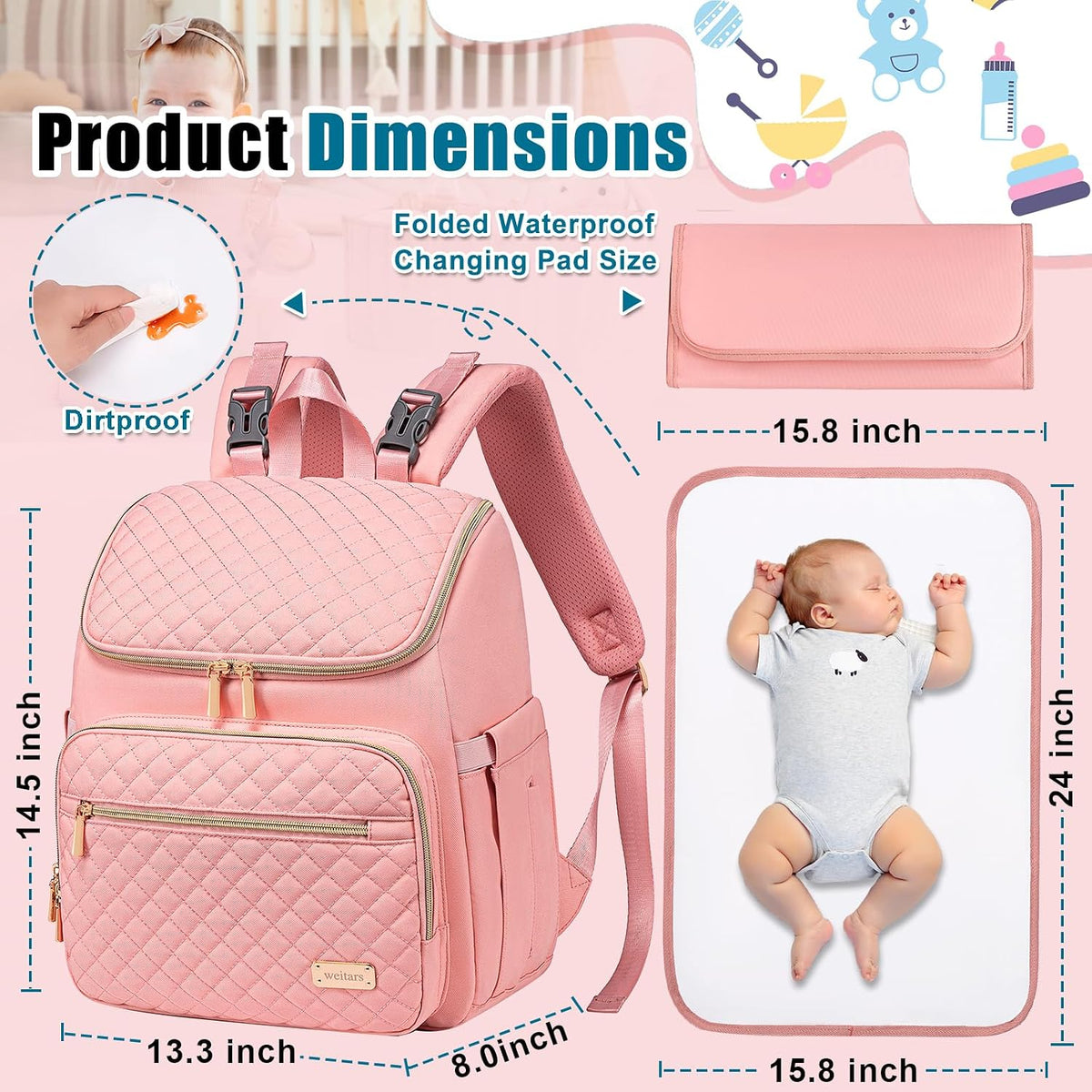 Diaper Bag Backpack Large Baby Diaper Bag with Changing Pad Travel Diaper Backpack,Baby Bag for Boys Girls,Stroller Straps,5 Insulated Pockets (Khaki)