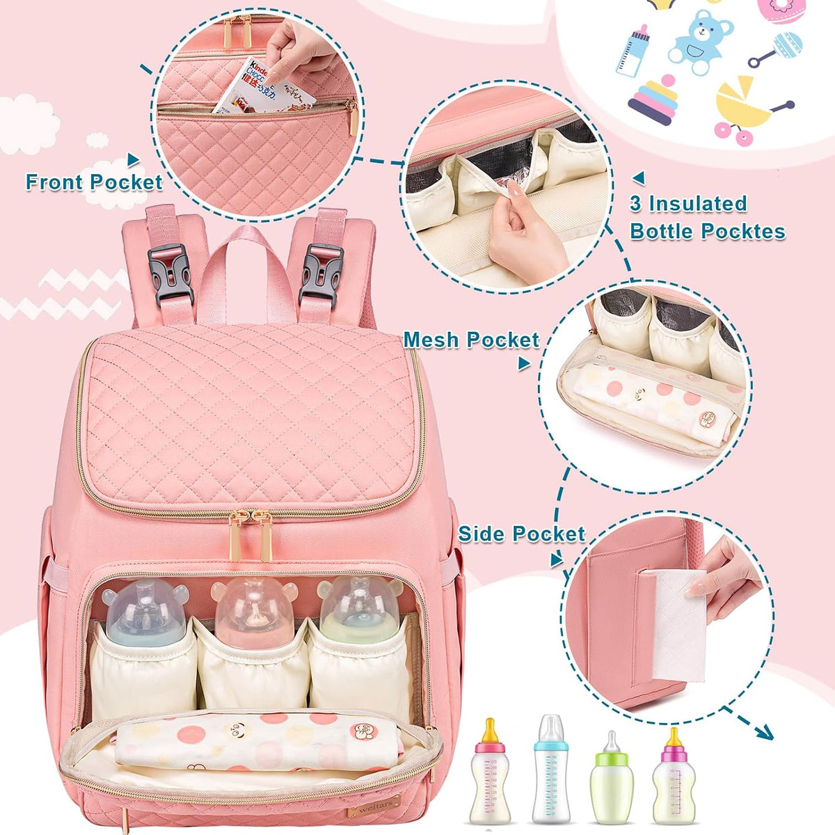 Diaper Bag Backpack Large Baby Diaper Bag with Changing Pad Travel Diaper Backpack,Baby Bag for Boys Girls,Stroller Straps,5 Insulated Pockets (Khaki)
