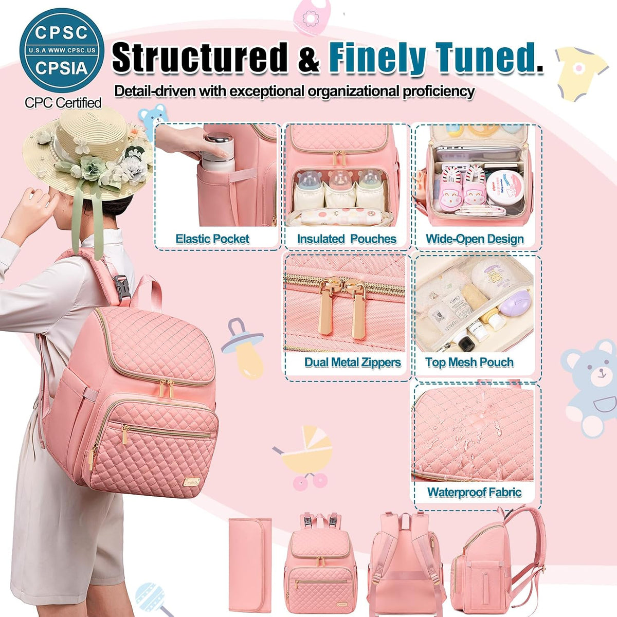 Diaper Bag Backpack Large Baby Diaper Bag with Changing Pad Travel Diaper Backpack,Baby Bag for Boys Girls,Stroller Straps,5 Insulated Pockets (Khaki)