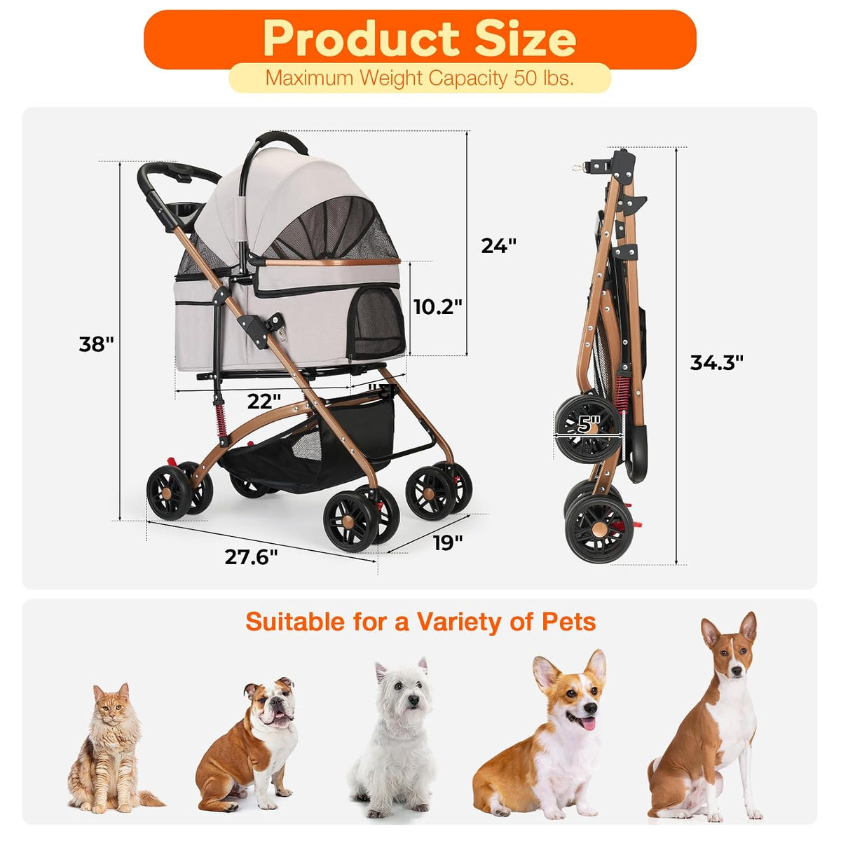 3-in-1 Foldable Pet Stroller for Small Dogs & Cats - Detachable Carrier, Car Safe Car Seat, Large Storage Basket (Grey)