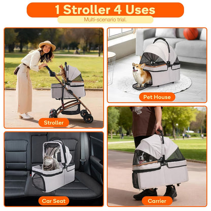 3-in-1 Foldable Pet Stroller for Small Dogs & Cats - Detachable Carrier, Car Safe Car Seat, Large Storage Basket (Grey)