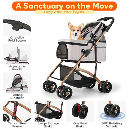 3-in-1 Foldable Pet Stroller for Small Dogs & Cats - Detachable Carrier, Car Safe Car Seat, Large Storage Basket (Grey)