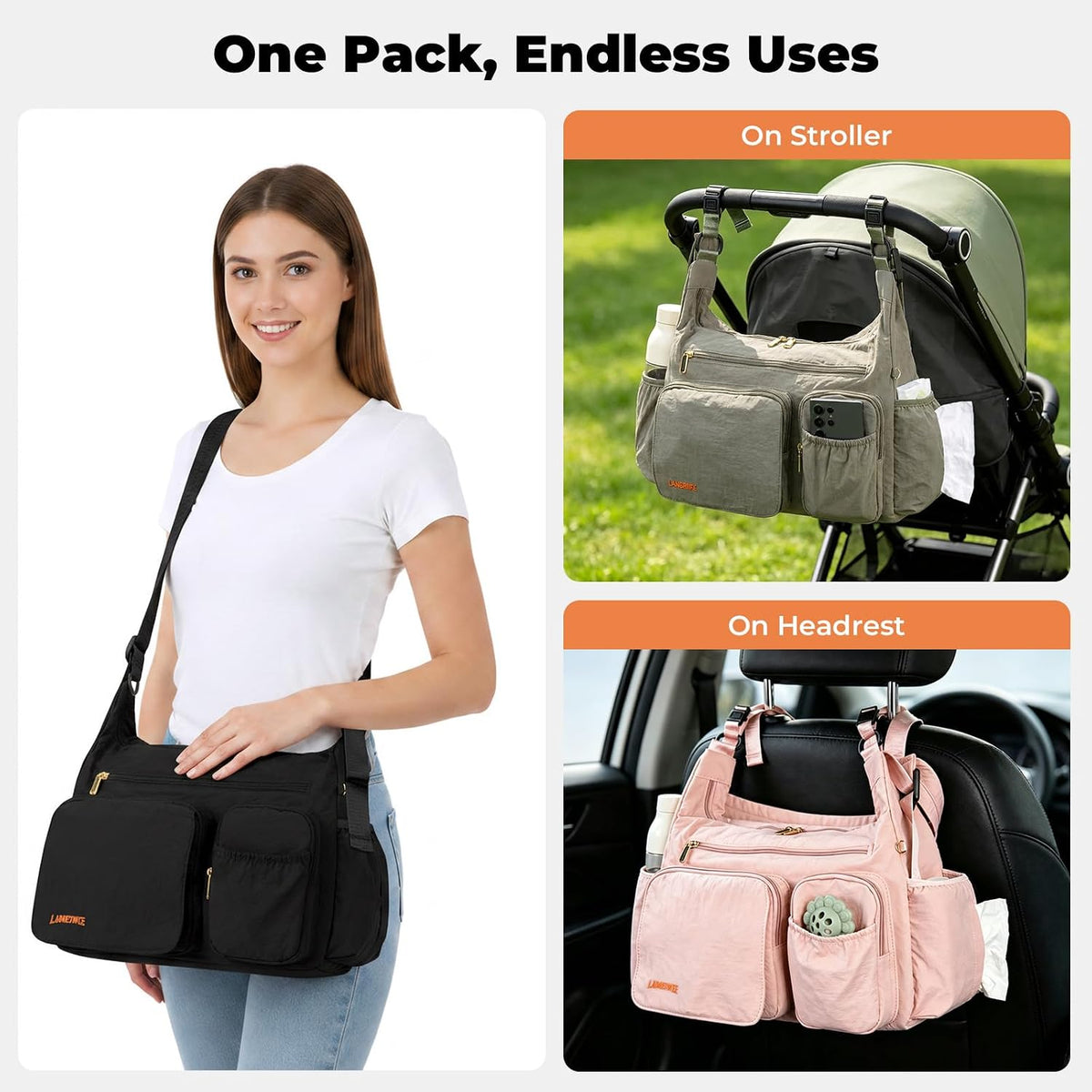 Crossbody Diaper Bag, 2-in-1 Stroller Caddy