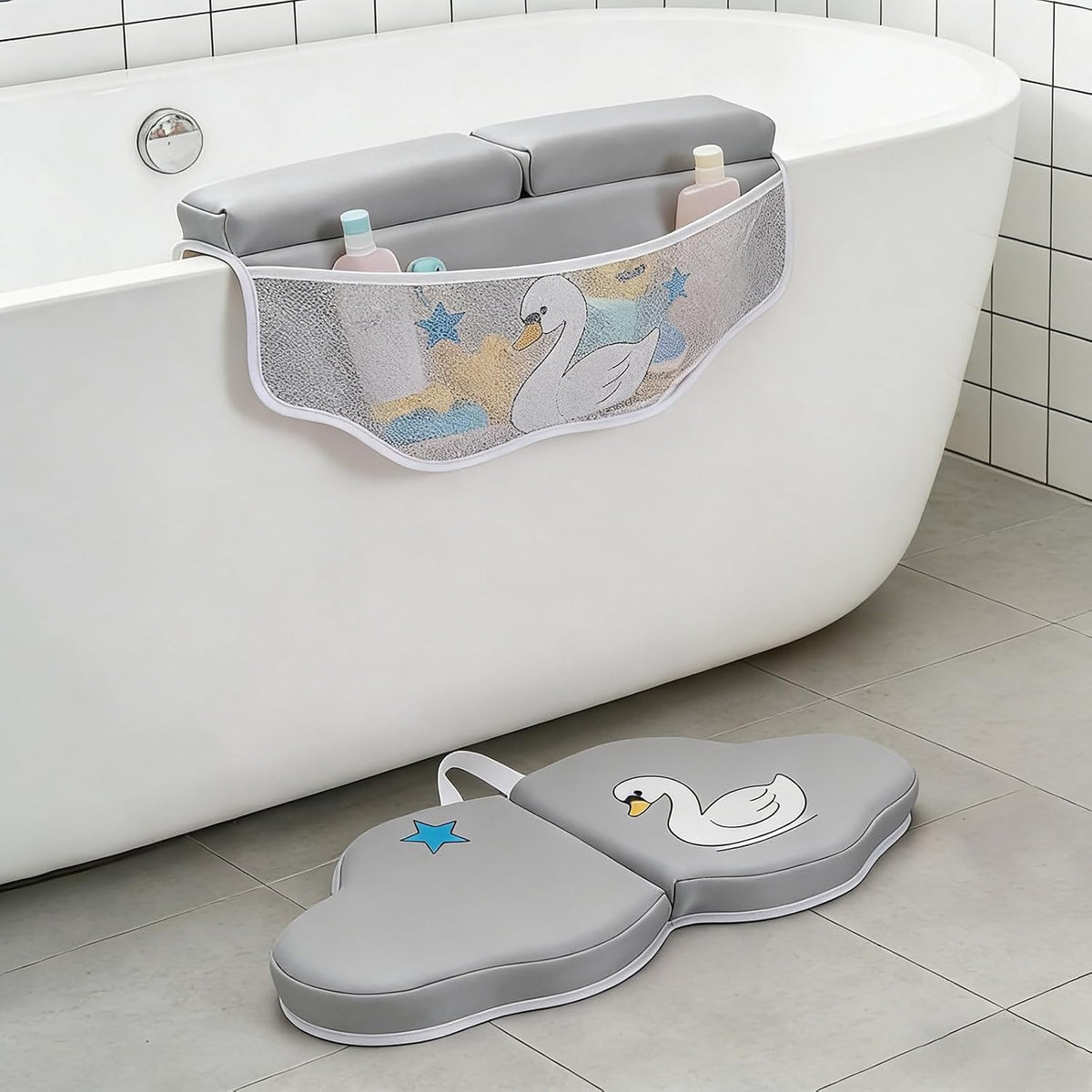 Bath Kneeler and Elbow Rest Pad Set, Bathtub Kneeling Pad with Elbow Support and Storage Pockets, Baby Bath Support Non-Slip, Machine Washable, Quick Drying for Comfortable Baby Bathing (Grey)
