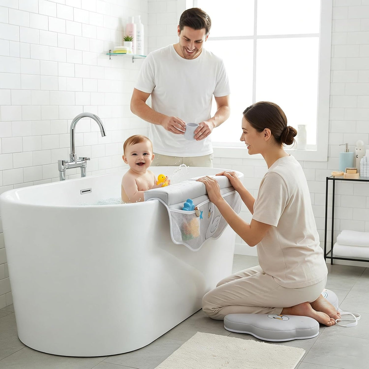Bath Kneeler and Elbow Rest Pad Set, Bathtub Kneeling Pad with Elbow Support and Storage Pockets, Baby Bath Support Non-Slip, Machine Washable, Quick Drying for Comfortable Baby Bathing (Grey)